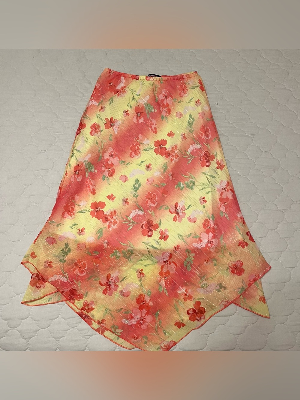 Vintage Y2K My Michelle Coral & Yellow Handkerchief Hem Floral Midi Skirt